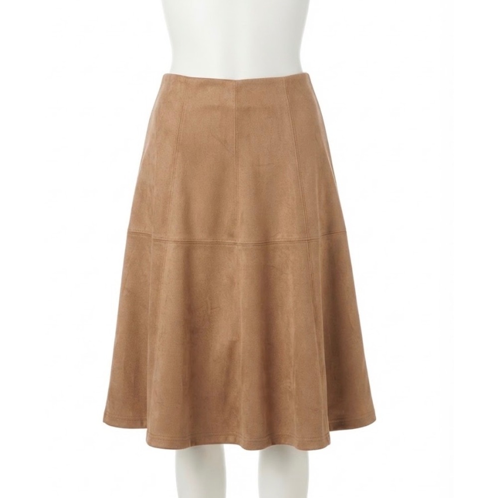Westport Faux Suede A-Line Midi Skirt Sz Small Tan Brown Paneled Boho Chic Fall